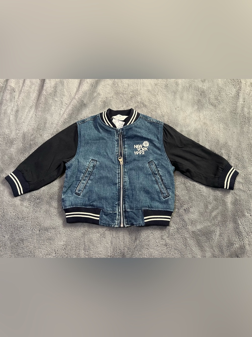 H&M Blue Denim and Black Sleeve Kids Jacket - New York 1992 Graphic